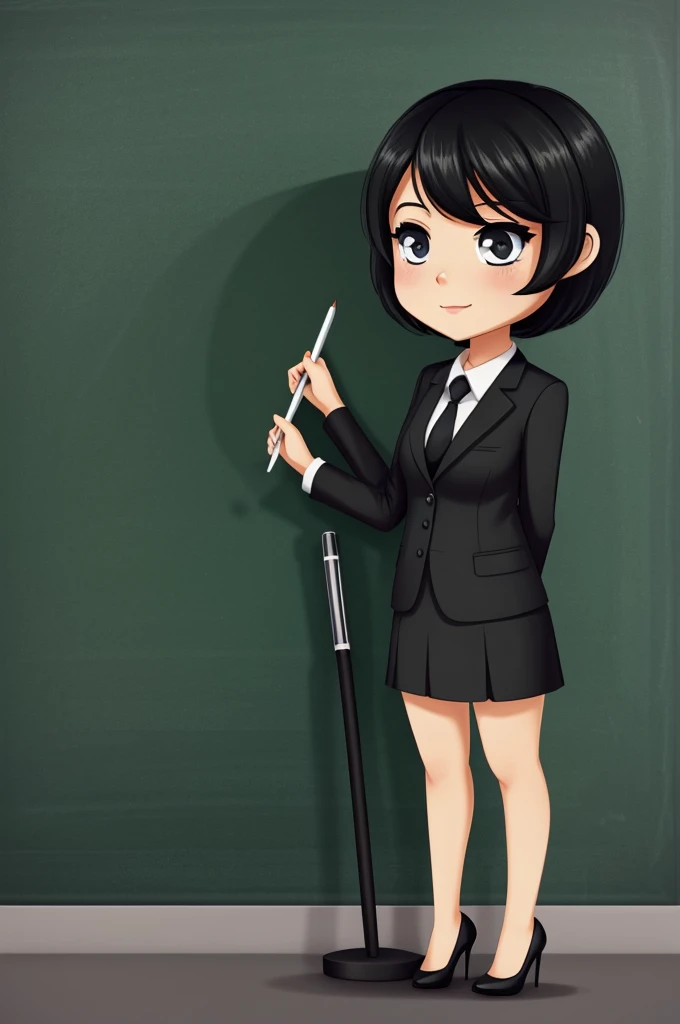 I want a drawing of a teacher writing on a blackboard, Let it be a woman, wear a black suit, short black hair. the image in chibi style