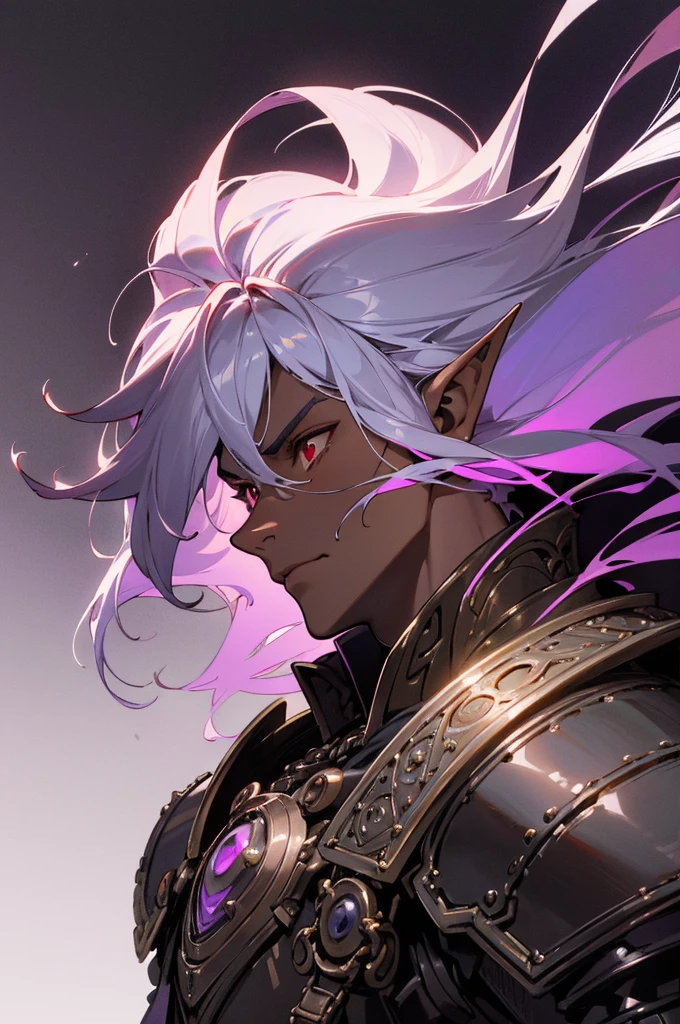 masterpiece, best quality, ultra high res, dark theme, 1boy, (dungeonpunk armor), (mechanical steampunk armor), (wearing armor), fantasy illustration, dark skinned, human, upper body, portrait, red eyes, long white hair, half-drow, pointy ears, serious face, young man, dramatic lighting, purple hue, art by Kinema Citrus