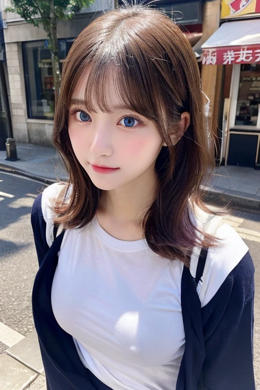 (Full body photo)、 girl), (Perfect hands:1.2), (Perfect Anatomy:1.2), (Highest quality:1.3), (masterpiece:1.3), (Very detailed:0.8), 18-year-old, Perfect Face, Cute and symmetrical face, Baby Face, Pink Lips, (:1.1), High resolution,   8K,  Happy, charm的な  (toru asakura: 1.3),  (Beautiful Face: 1.1), beautiful girl, cute, charm, beautiful detailed 顔, blue eyes, detailed 目s, Sparkling eyes, charm的な目の反射, Sparkling eyes, Pupil depth and three-dimensional effect, Small breasts、Detailed skin, Shiny skin, Cafe、Small Head,(((Small breasts、B Cup Bust)))、Large size t-shirts、She is leaning forward、Nipples visible through clothing