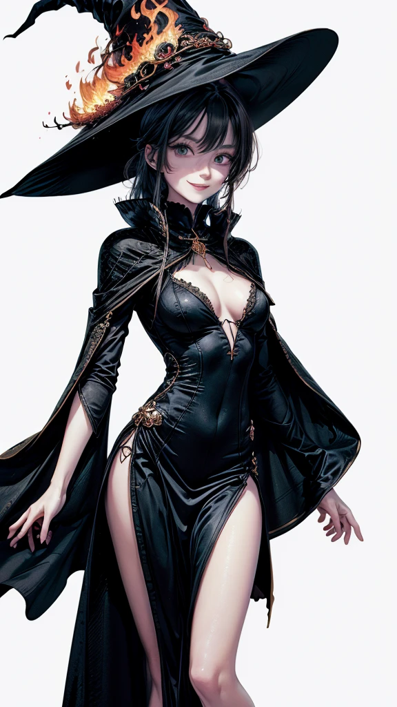 (Masterpiece, Top Quality), Detail, ((Character Concept Art)), (1 Woman, Female, Black Long Dress, Witch Hat, Witch Dress Cloth, Many Parts), (Pale Skin Color), (Detailed Eyes), Detailed Face, ((Bewitching Look Smiling, Sexy, Sensual)), Athletic Body, Black hair color, long hair, long style, ((cast fire magic, mage of fire)), details, anime babe, wallpaper, game illustration, Animagine XL Babe, fanart, animation, (simple background, white background: 1. 3)
