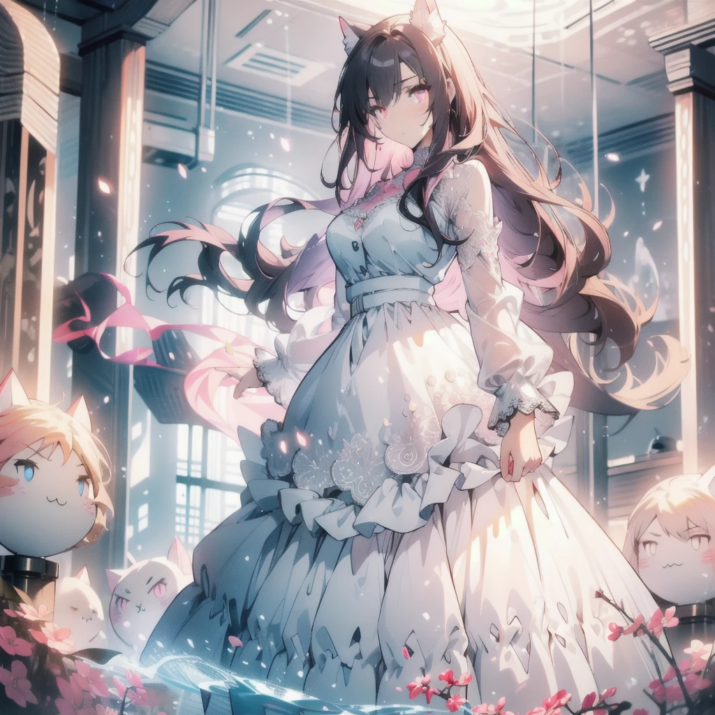 ((masterpiece, best quality)), Epic battlefield atmosphere,Delicate face,Cat girl,whole body,Standing picture,glowing pink eyes,Large Breasts,Gradient white long wavy hair,Perfect body proportions,Pure white background,Water Ripples,Lace,Plush toys