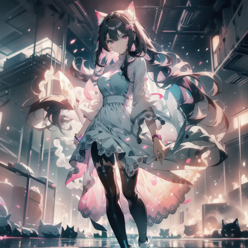 ((masterpiece, best quality)), Epic battlefield atmosphere,Delicate face,Cat girl,whole body,Standing picture,glowing pink eyes,Large Breasts,Gradient white long wavy hair,Perfect body proportions,Pure white background,Water Ripples,Lace,Plush toys