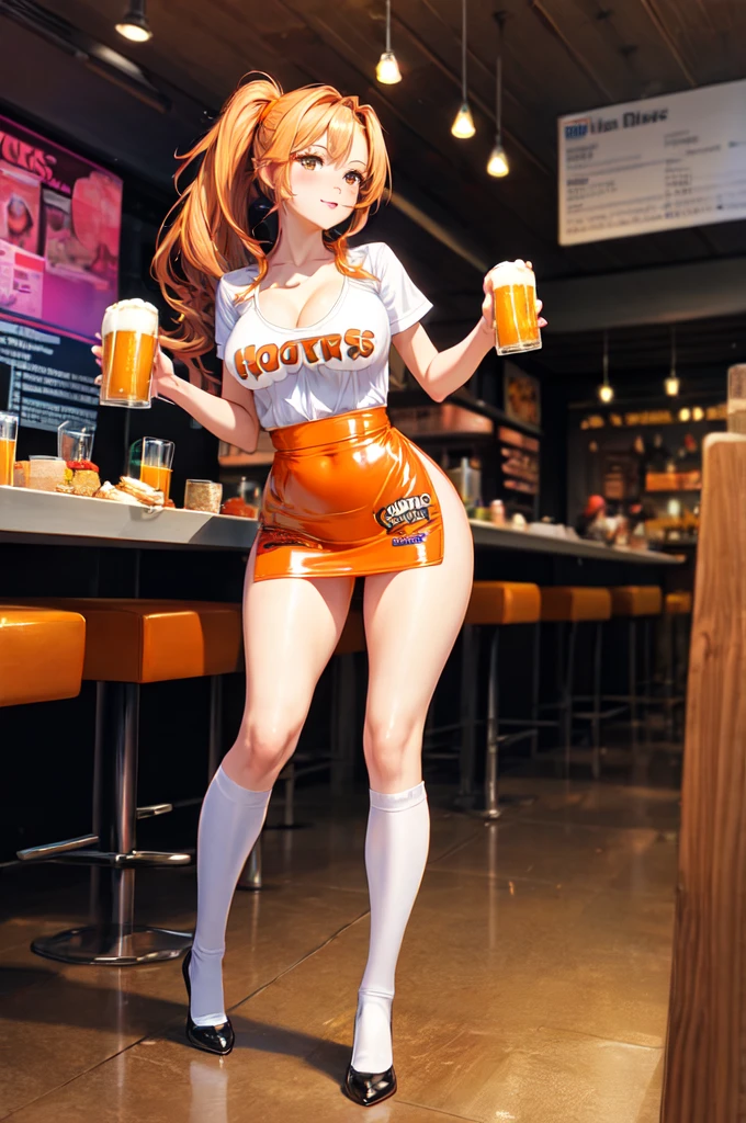 woman wear hooters logo  orange and black  latex shorter waitress hold  beers service