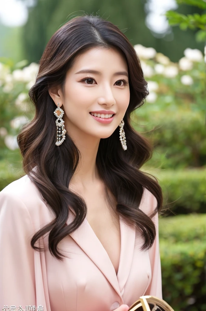 Wedding venue garden,President of import goods sales company,((full body)),((photo)),((best qualtiy, 8K, tmasterpiece:1.3)), Focus:1.2, perfect figure beautiful woman:1.4,1woman,cowboy shot,look at viewer,incredibly absurd, beautiful and cute woman with a photorealistic face, showcasing top-quality craftsmanship, A Japanese woman attending her sister's wedding at a wedding venue, 35 years old, long hair, straight black hair, shiny, silky hair that curls inwards, narrow double eyelids, long eyelashes, pronounced eyebrows, high nose, thin lips, white teeth, bright smile, smooth, honey-colored skin, thin neck, tall, glamorous, slender, F-cup breasts, pale pink suit, knee-length pencil skirt, high heels, diamond earrings and necklace, luxury brand watch, clutch bag, cigar, beautiful, lady-like, pretty older sister, celebrity-like, adult woman, intelligent, calm, kind, playful, sharp-tongued, soothing to those around, refined, elegant, June