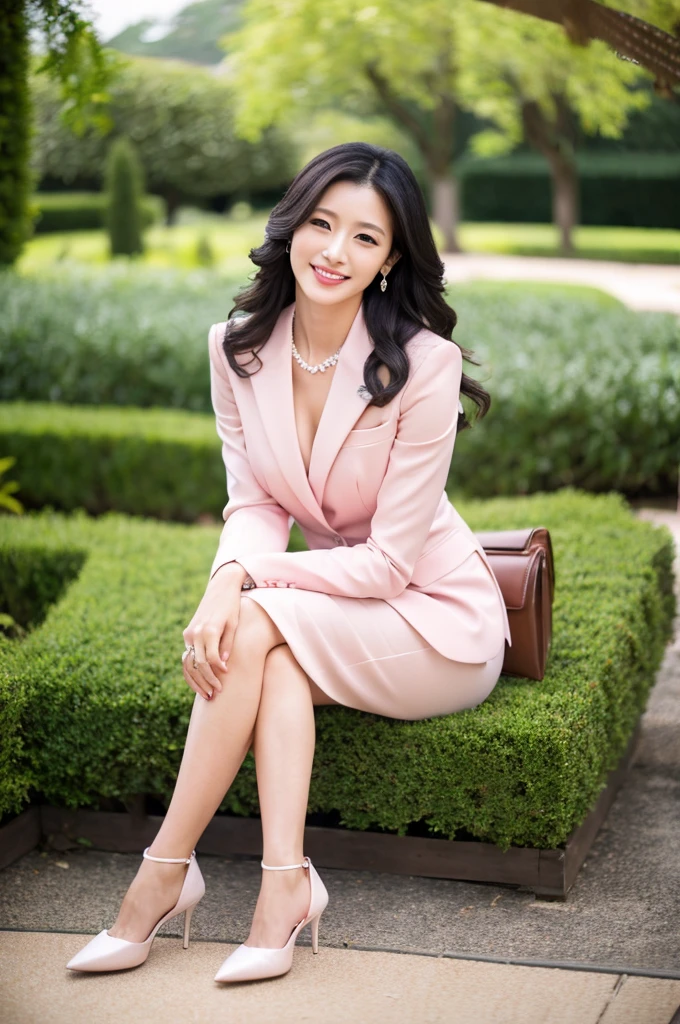 Wedding venue garden,President of import goods sales company,((full body)),((photo)),((best qualtiy, 8K, tmasterpiece:1.3)), Focus:1.2, perfect figure beautiful woman:1.4,1woman,cowboy shot,look at viewer,incredibly absurd, beautiful and cute woman with a photorealistic face, showcasing top-quality craftsmanship, A Japanese woman attending her sister's wedding at a wedding venue, 35 years old, long hair, straight black hair, shiny, silky hair that curls inwards, narrow double eyelids, long eyelashes, pronounced eyebrows, high nose, thin lips, white teeth, bright smile, smooth, honey-colored skin, thin neck, tall, glamorous, slender, F-cup breasts, pale pink suit, knee-length pencil skirt, high heels, diamond earrings and necklace, luxury brand watch, clutch bag, cigar, beautiful, lady-like, pretty older sister, celebrity-like, adult woman, intelligent, calm, kind, playful, sharp-tongued, soothing to those around, refined, elegant, June