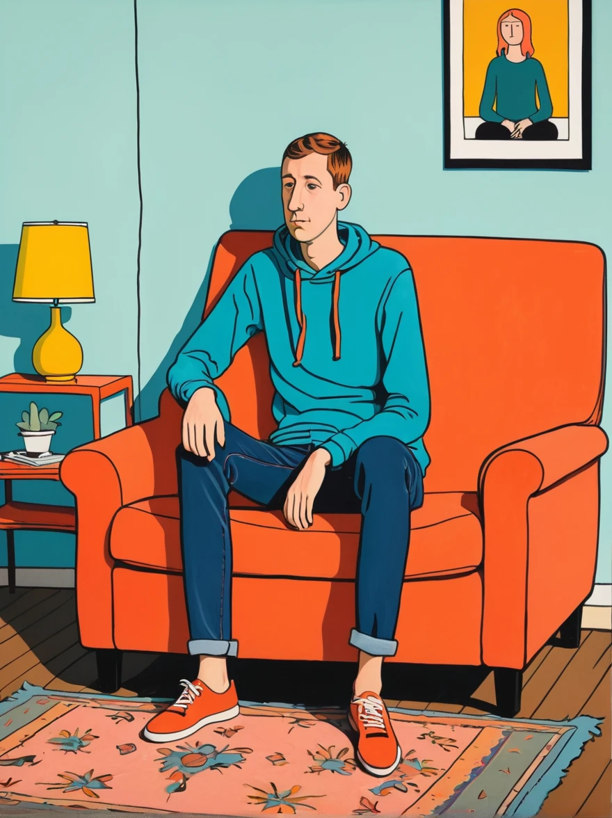 in style of Jean Jullien, full body portrait of character sitting in the living room