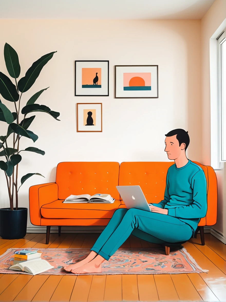 in style of Jean Jullien, full body portrait of character sitting in the living room