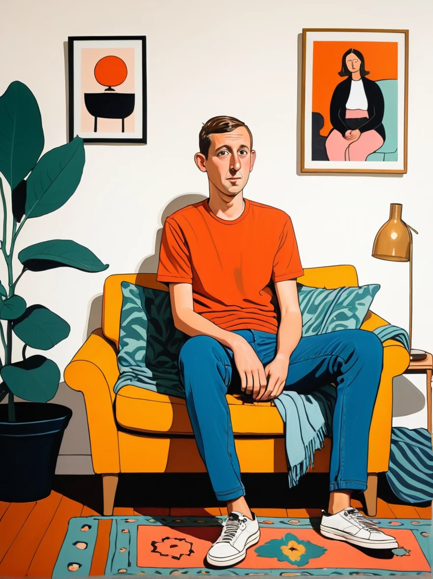in style of Jean Jullien, full body portrait of character sitting in the living room