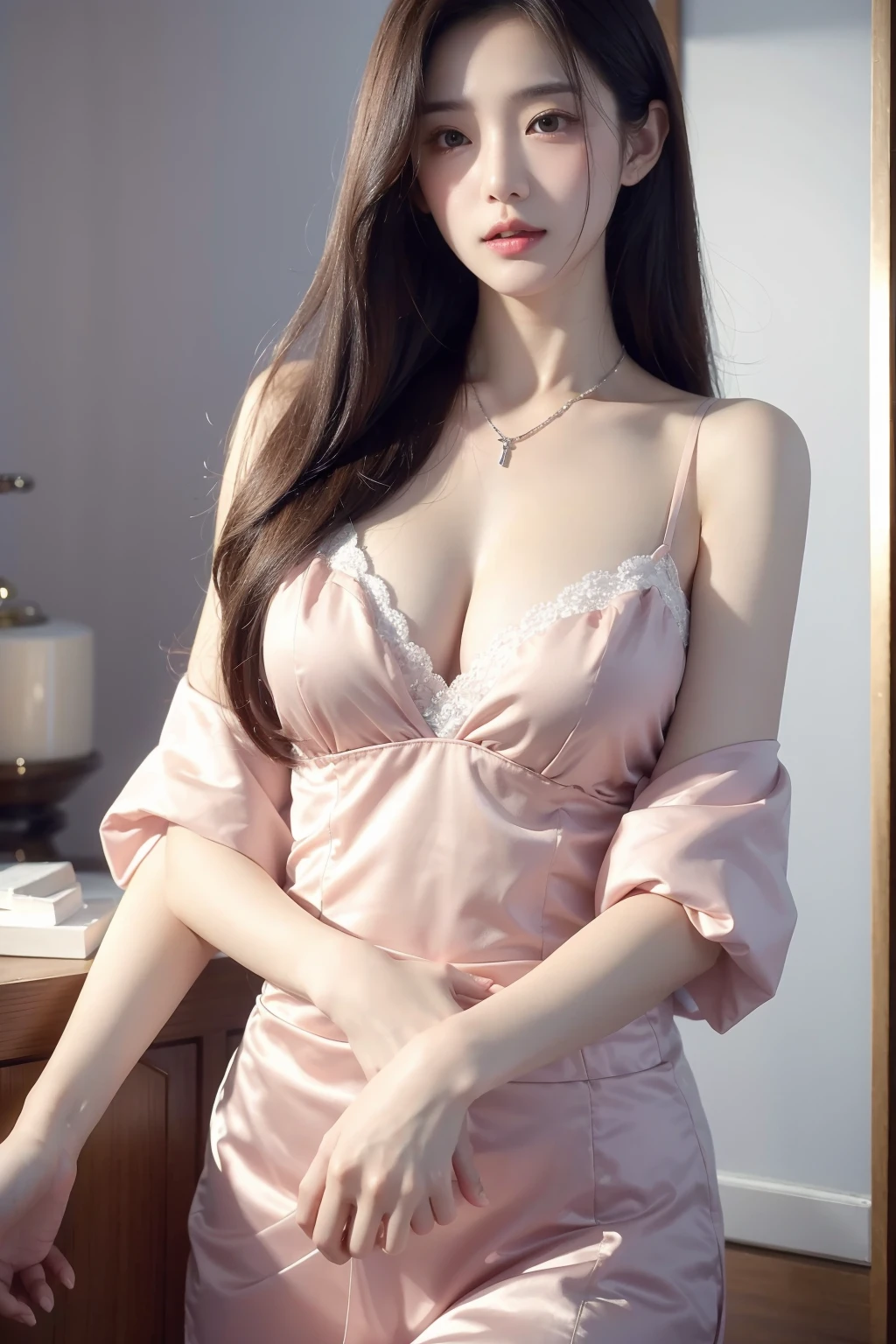 ung girl, pretty, solo, long hair,upper body, realistic, lips, parted lips, blur background,cleavage,big breasts,room,Wearing a necklace,8K Picture
