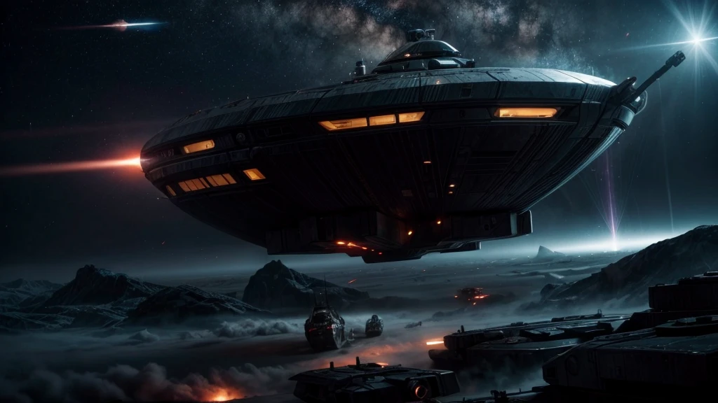 Epic sci-fi space battle scenes, alien spaceships, many small craft launching from large ships, phaser beams firing, attacking Earth's cities, people fleeing, dramatic lighting, cinematic angles, complex machinery, glowing energy fields, metallic textures, dramatic camera angles, epic scale, highly detailed, photorealistic, 8k, award-winning sci-fi concept art, moody color palette,