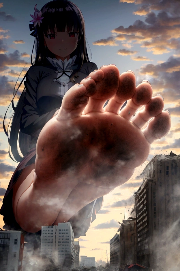 masterpiece, best quality, highest quality, highres, absurdres, extremely detailed, extremely delicate and beautiful, pov below view of a high school girl stepping on shrinking tiny city with her dirty foot, giantess, jvdaniang, from below, dirty foot sole, steam from foot, steaming foot, steam around foot, city building under foot, barefoot, airplane and aircraft flying under foot, depth of field, bokeh, perspective, foreshortening, foot focus, scared tiny men running away fleeing under foot, looking down, blush, heavy breathing, white hair, black eyes, , ceiling, indoors, bedroom, hand on hip, skirt, blood, gore, blood on foot, crush, crushing, tight, tiny