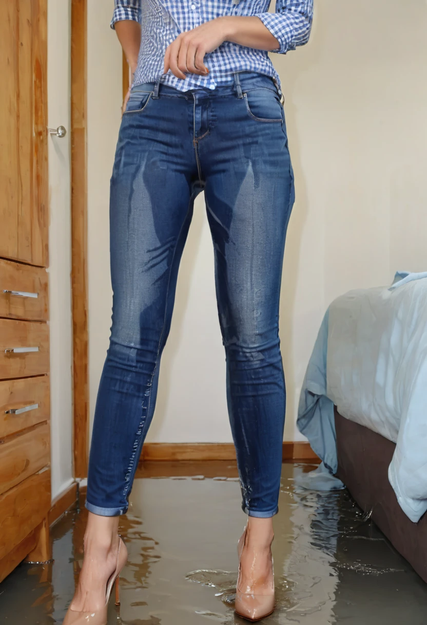 attractive redhead woman, short curly hair, ((light blue skinny jeans)), brown high heel pumps, cobalt blue work blouse, standing in a bedroom, wetting, big smile, pee stains are gleaming wet, pee run down legs, shoes flooded with pee, show heels, (((head in frame:1.4))), lower legs of jeans soaking wet, a stream of pee flows between her legs