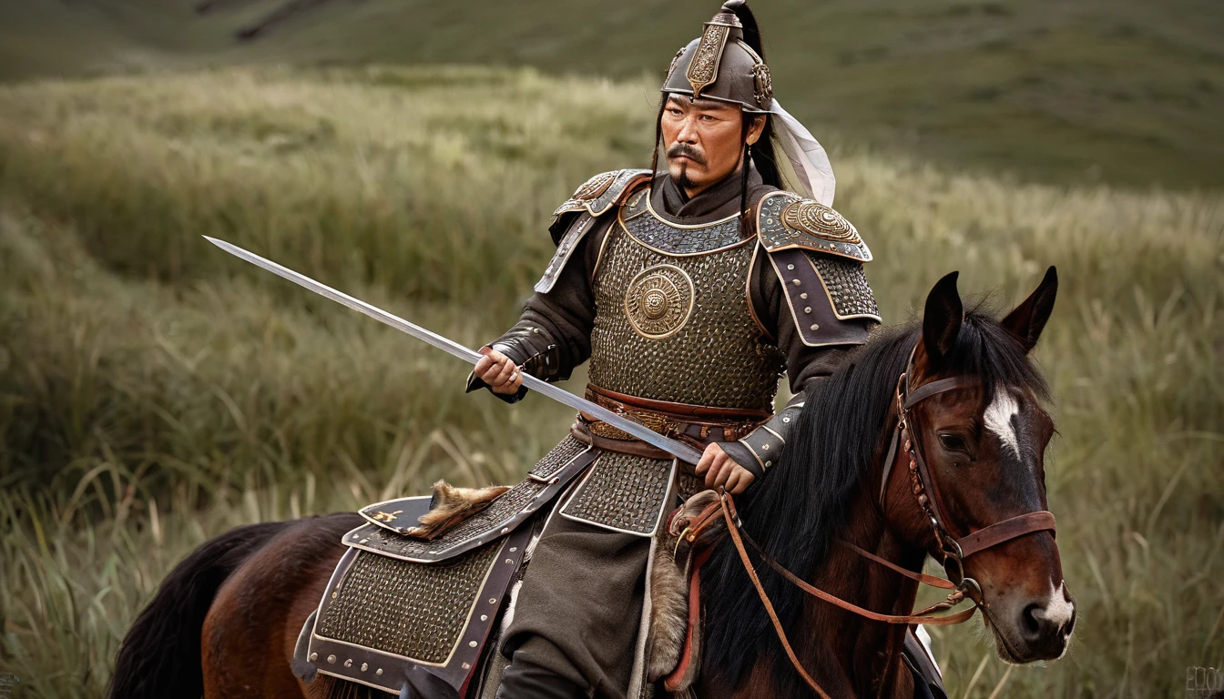 General Kraus, Wearing leather armor、Brown leather protective gear,Holding a Mongolian scimitar, Highly detailed characters, Mongolian man with high cheekbones,Clear and refined face,Mongolian Cavalry,The generals of the Ming Dynasty had white tassels or feathers on their helmets,Norse epic hero, Muscular man with war god tattoo, Riding on horseback, Portrait photography style,Light, (Extremely detailed CG 8k wallpaper), The most beautiful works of art in the world - full body photos, original皮甲, Mongolian small shield,Human Portrait, hunter, Animal hides,brutal,original, macho man, Ed Blinkey (Ed Blinkey) Magnificent professional oil paintings created, Artie Guerlain, Studio Ghibli, Courtesy of Jeremy Mann, Greg Manches, Antonio Moro, Art Station Trends, Social Trends, Wheels within wheels, High Detail, sharp focus, Dramatic and realistic art by Midjourney and Greg Rutkowski, Horse has armor,Charge and Slash