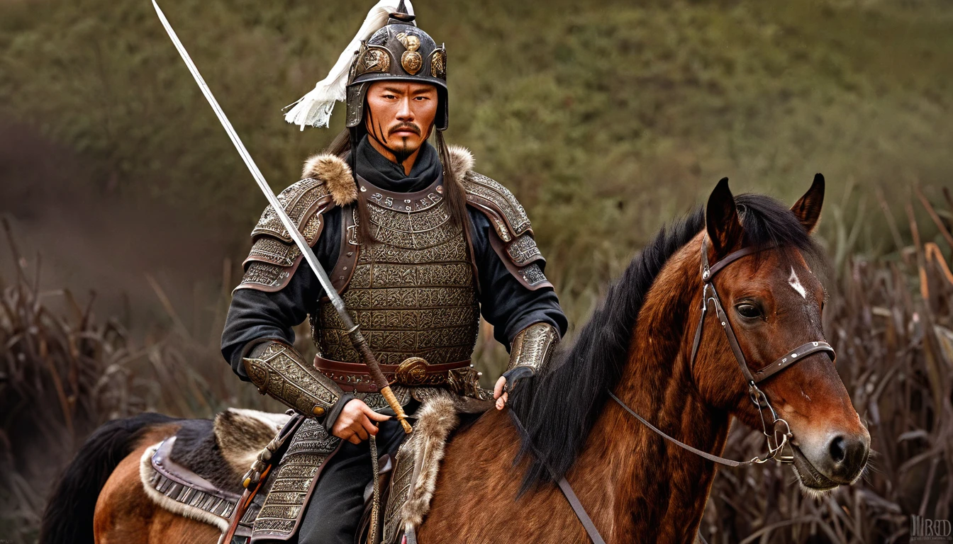 General Kraus, Wearing leather armor、Brown leather protective gear,Holding a Mongolian scimitar, Highly detailed characters, Mongolian man with high cheekbones,Clear and refined face,Mongolian Cavalry,The generals of the Ming Dynasty had white tassels or feathers on their helmets,Norse epic hero, Muscular man with war god tattoo, Riding on horseback, Portrait photography style,Light, (Extremely detailed CG 8k wallpaper), The most beautiful works of art in the world - full body photos, original皮甲, Mongolian small shield,Human Portrait, hunter, Animal hides,brutal,original, macho man, Ed Blinkey (Ed Blinkey) Magnificent professional oil paintings created, Artie Guerlain, Studio Ghibli, Courtesy of Jeremy Mann, Greg Manches, Antonio Moro, Art Station Trends, Social Trends, Wheels within wheels, High Detail, sharp focus, Dramatic and realistic art by Midjourney and Greg Rutkowski, Horse has armor,Charge and Slash