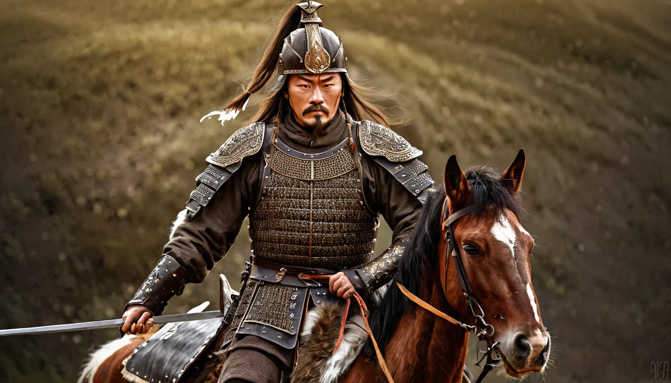 General Kraus, Wearing leather armor、Brown leather protective gear，Holding a Mongolian scimitar, Highly detailed characters, Mongolian man with high cheekbones，Clear and refined face，Mongolian Cavalry，The generals of the Ming Dynasty had white tassels or feathers on their helmets，Norse epic hero, Muscular man with war god tattoo, Riding on horseback, Portrait photography style，Light, (Extremely detailed CG 8k wallpaper), The most beautiful works of art in the world - full body photos, original皮甲, Mongolian small shield，Human Portrait, hunter, Animal hides，brutal，original, macho man, Ed Blinkey (Ed Blinkey) Magnificent professional oil paintings created, Artie Guerlain, Studio Ghibli, Courtesy of Jeremy Mann, Greg Manches, Antonio Moro, Art Station Trends, Social Trends, Wheels within wheels, High Detail, sharp focus, Dramatic and realistic art by Midjourney and Greg Rutkowski, Horse has armor，Charge and Slash