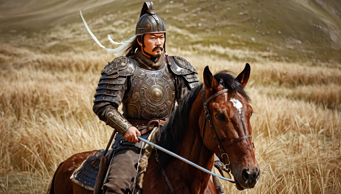 General Kraus, Wearing leather armor、Brown leather protective gear，Holding a Mongolian scimitar, Highly detailed characters, Mongolian man with high cheekbones，Clear and refined face，Mongolian Cavalry，The generals of the Ming Dynasty had white tassels or feathers on their helmets，Norse epic hero, Muscular man with war god tattoo, Riding on horseback, Portrait photography style，Light, (Extremely detailed CG 8k wallpaper), The most beautiful works of art in the world - full body photos, original皮甲, Mongolian small shield，Human Portrait, hunter, Animal hides，brutal，original, macho man, Ed Blinkey (Ed Blinkey) Magnificent professional oil paintings created, Artie Guerlain, Studio Ghibli, Courtesy of Jeremy Mann, Greg Manches, Antonio Moro, Art Station Trends, Social Trends, Wheels within wheels, High Detail, sharp focus, Dramatic and realistic art by Midjourney and Greg Rutkowski, Horse has armor，Charge and Slash