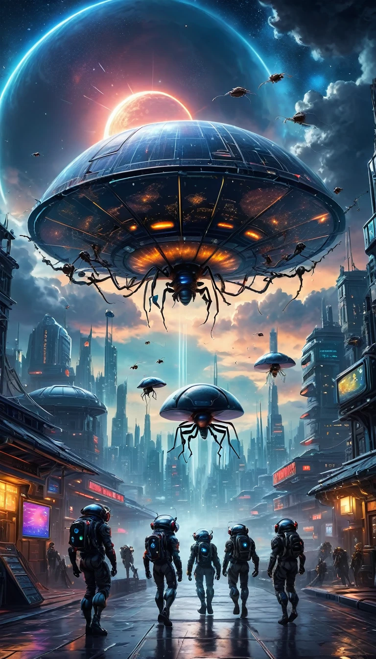 (best quality, 4K, Eight thousand, high resolution, masterpiece:1.2), Extremely detailed, (Practical, фотоPractical, фотоPractical:1.37)，Giant ants break through the clouds，Large target, Like a planet，ультраPractical реализм，Epic dreams，Beautiful sci-fi art,Science fiction, The art of math,Futuristic starry sky background，Beautiful sci-fi art, sci-fi The art of math illustration, Digital Cyberpunk Art, Science fiction, Digital Painting, futuristic, Futuristic Concept Art, In front of the starry sky in the sci-fi city, Science fiction, The art of math, передовое The art of math киберпанка, Cyberpunk style fantasy ants