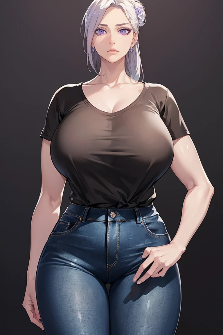 (Uhd, Masterpiece, Textured Skin, Super Detail, High Details, High Quality, Best Quality), Detailed Face, 1woman, mature pretty woman, (Huge Body:1.5), (Silver hair tied in a bun, long hair), (Short black top shirt, jeans pants), standing