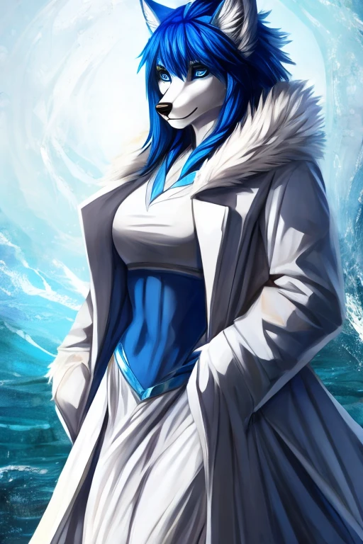 Wolf woman, with big blue hair, white coat, with white tail with blue, with blue eyes,