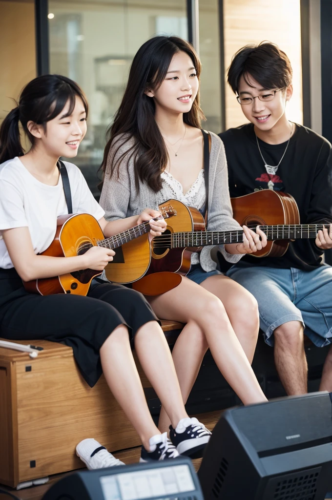 Three people playing musical instruments。Fun