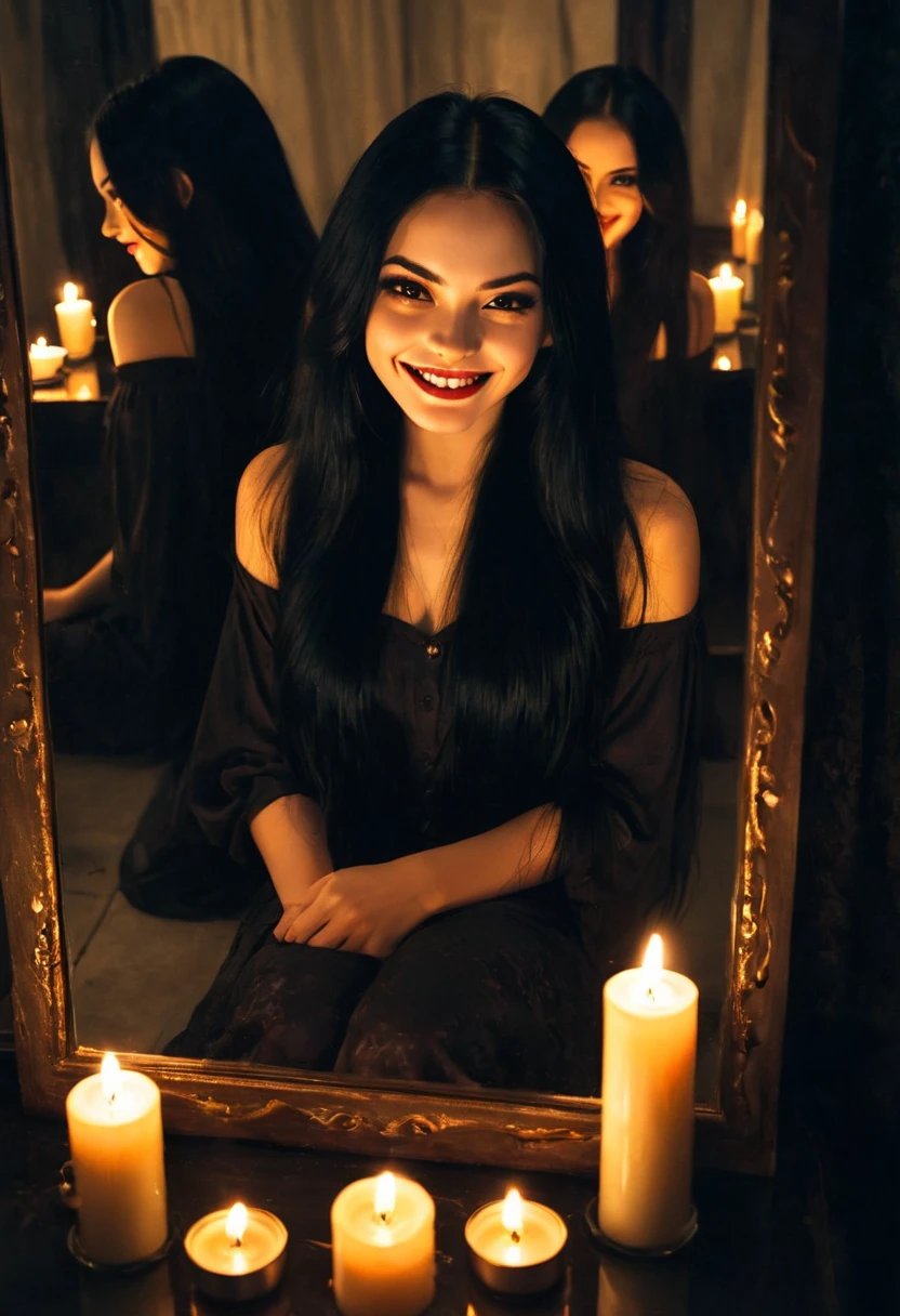 A beautiful female, long black hair, mouth split to ears, sat in front of the mirror, a horrible smile, a darkened room, lit candles, panoramic view