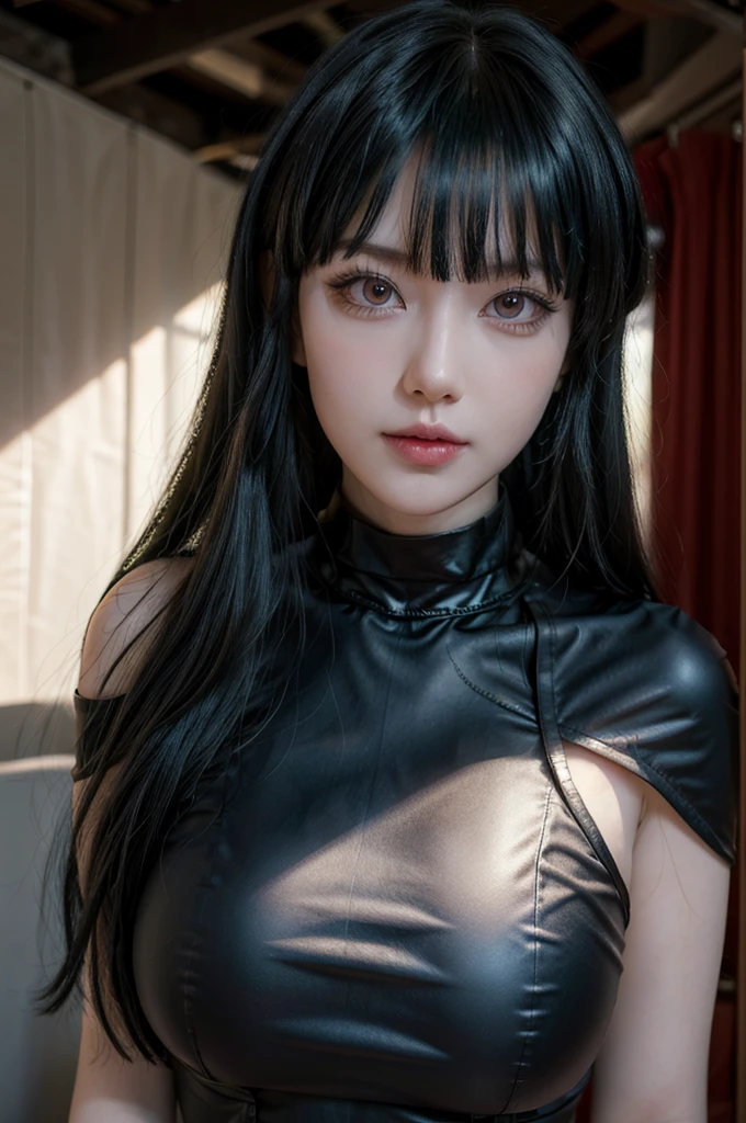 Yor from spy x family, realistic, age 25, pure white skin, red pupils, black long side bangs, black assassin dress, perfect face, perfect shape body, large breasts, clothes covered upper body, 3d .