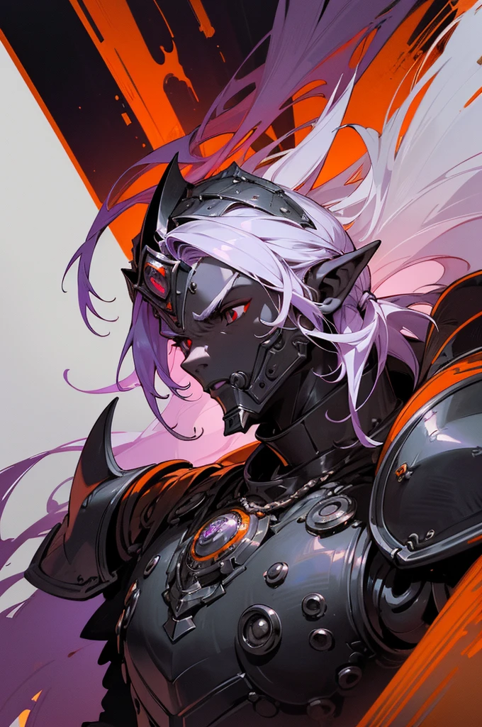 masterpiece, best quality, ultra high res, dark theme, 1boy, (dungeonpunk armor), (mechanical steampunk armor), (wearing armor), fantasy illustration, dark skinned, human, upper body, portrait, red eyes, long white hair, half-drow, pointy ears, serious face, young man, dramatic lighting, purple hue, art by Kinema Citrus