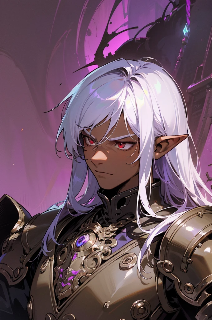 masterpiece, best quality, ultra high res, dark theme, 1boy, (dungeonpunk armor), (mechanical steampunk armor), (wearing armor), fantasy illustration, dark skinned, human, upper body, portrait, red eyes, long white hair, half-drow, pointy ears, serious face, young man, dramatic lighting, purple hue, art by Kinema Citrus
