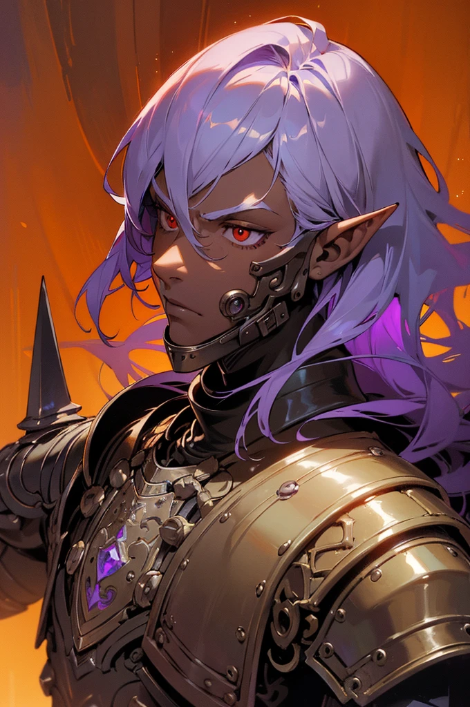 masterpiece, best quality, ultra high res, dark theme, 1boy, (dungeonpunk armor), (mechanical steampunk armor), (wearing armor), fantasy illustration, dark skinned, human, upper body, portrait, red eyes, long white hair, half-drow, pointy ears, serious face, young man, dramatic lighting, purple hue, art by Kinema Citrus