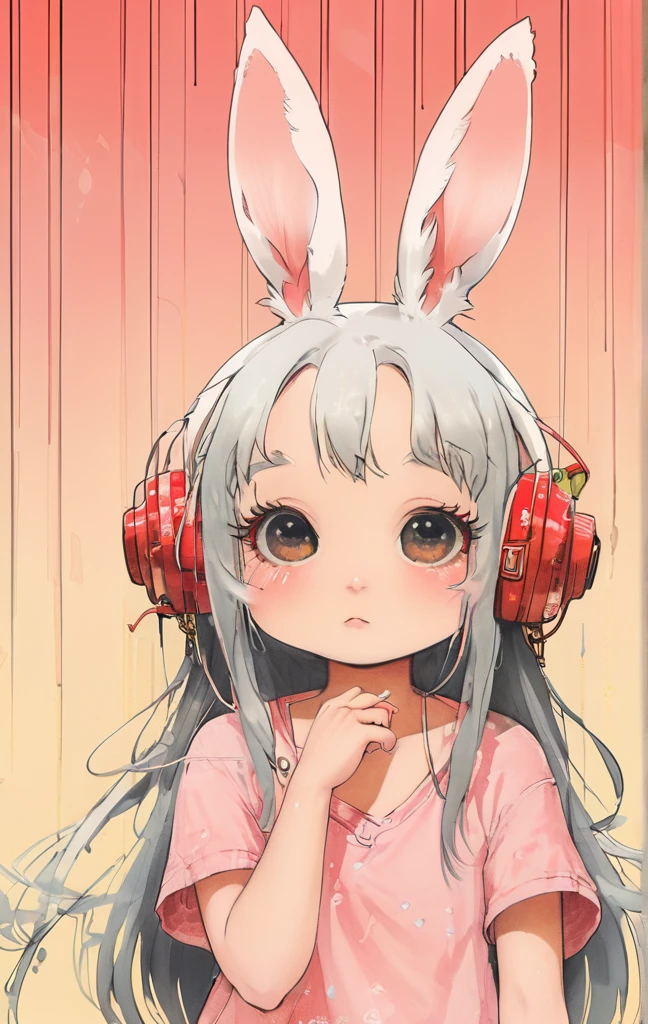 On a bright red campus"YES"Character、beautiful illustration, best quality, cute girl, bedroom, pastel color, fluffy bunny ears, , silver long hair, rabbit stuffed toy, bright lighting, light pink eyes、alone, One girl, profile,Black Bob, profile, The background color is solid yellow,An illustration