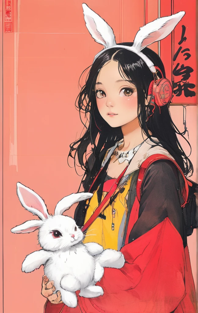 On a bright red campus"YES"Character、beautiful illustration, best quality, cute girl, bedroom, pastel color, fluffy bunny ears, , silver long hair, rabbit stuffed toy, bright lighting, light pink eyes、alone, One girl, profile,Black Bob, profile, The background color is solid yellow,An illustration