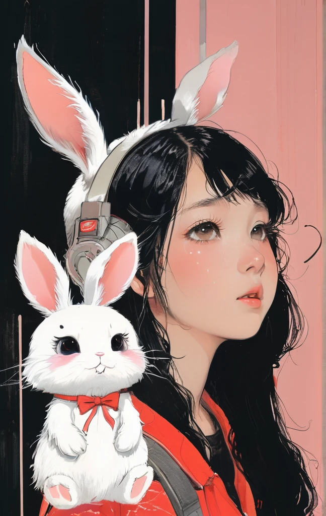 On a bright red campus"YES"Character、beautiful illustration, best quality, cute girl, bedroom, pastel color, fluffy bunny ears, , silver long hair, rabbit stuffed toy, bright lighting, light pink eyes、alone, One girl, profile,Black Bob, profile, The background color is solid yellow,An illustration