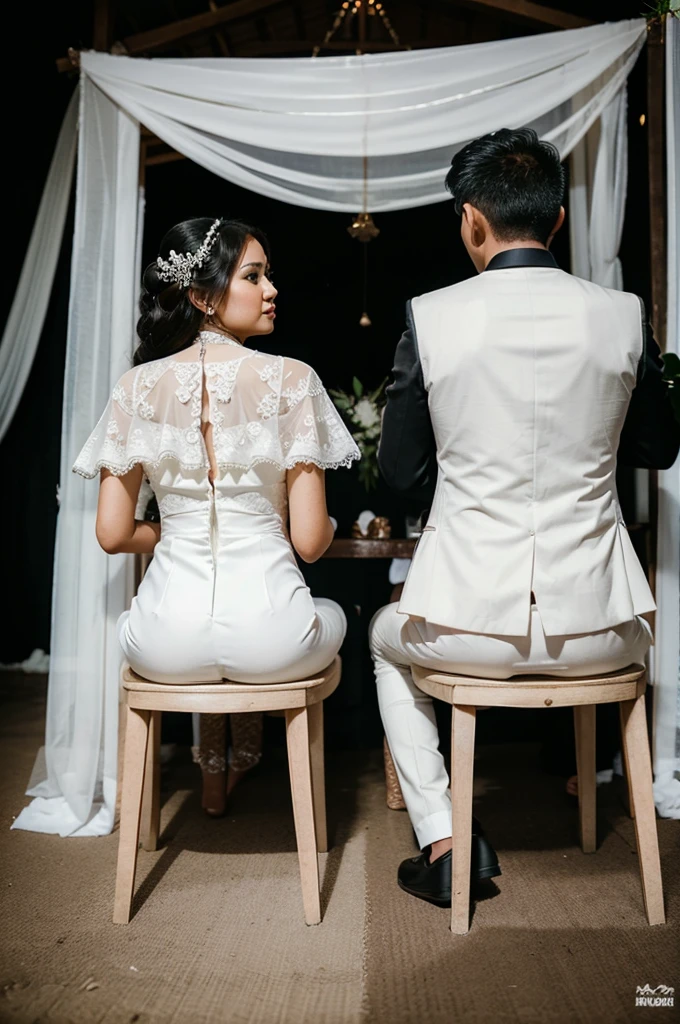 Indonesian wedding photos.the bride and groom with expensive wedding decorations.The man is dressed for the wedding in a black suit and the bride wears a white dress.Behind there are wedding chairs and decorations that say ROBI & JESIKA