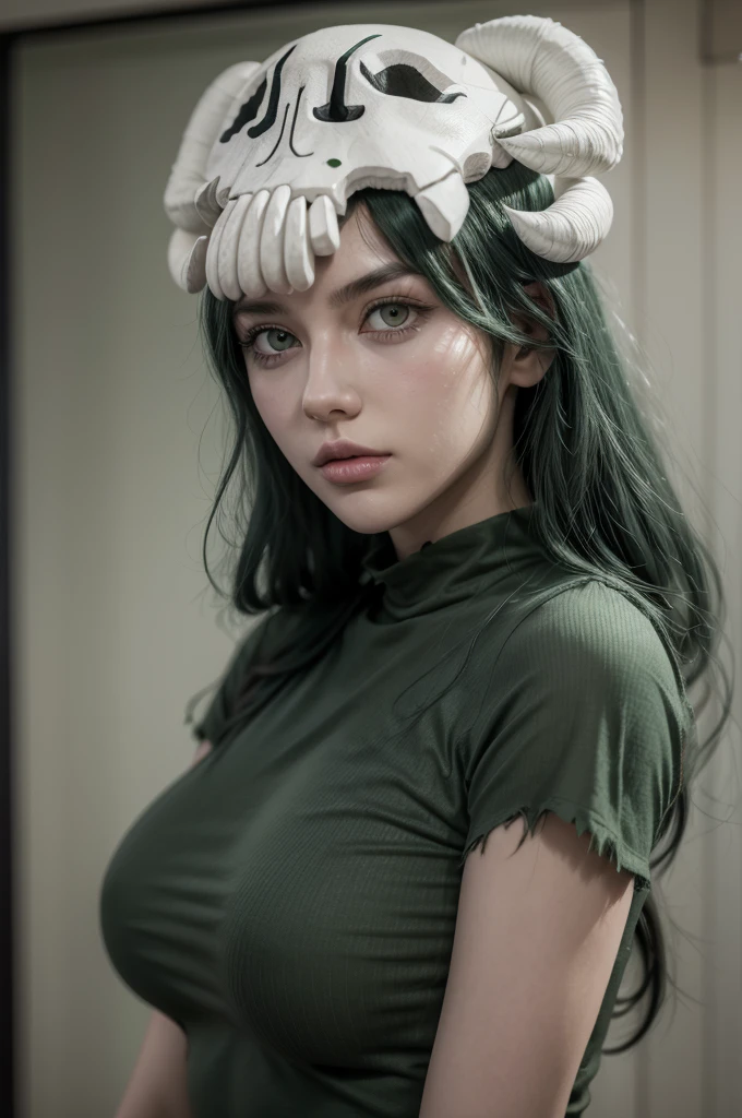 Nelliel from bleach, realistic, age 25, extreme pure white skin, skull on head, light green long hair, torn green shirt, perfect face, perfect shape body, large breasts, clothes covered upper body, 3d .