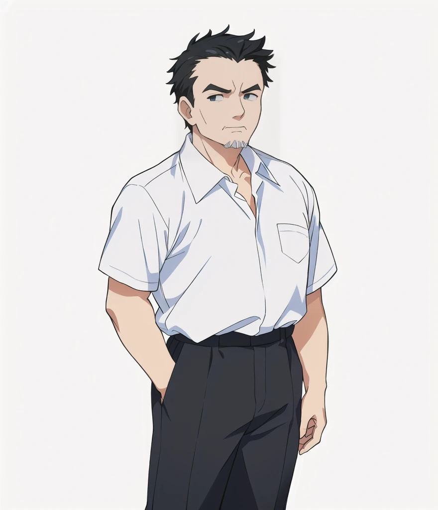 Highest quality, high resolution, High quality anime art style, Official Art, Smooth anime CG art, Stylized anime, Visual Novel Sprites, White background, whole body, Anime-style 3D, Smooth anime CG art, Humanoid middle-aged man, criminal, A man wearing a white shirt and grey trousers, Old face, Tough-faced man, Deeply carved face, Long face, Short Hair, Black Hair, Crew cut, Slanted Eyes, Slightly open eyes, Drop your gaze, 60 years old,