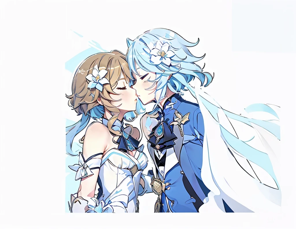 (2girls:1.3), (exceptional, best aesthetic, new, newest, best quality, anime, waifu:1.2), master piece, best quality, ultra detailed, absurdres, highres, colored, good anatomy, Genshin Impact background (Lumine (Genshin Impact), brown hair, closed eyes, kissing, white dress, white flower on hair), (Furina (Genshin Impact), blue eyes, light blue hair, blue clothes),