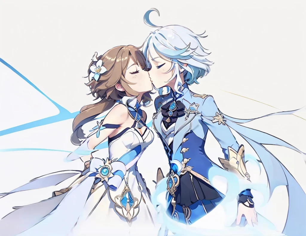 (2girls:1.3), (exceptional, best aesthetic, new, newest, best quality, anime, waifu:1.2), master piece, best quality, ultra detailed, absurdres, highres, colored, good anatomy, Genshin Impact background (Lumine (Genshin Impact), brown hair, closed eyes, kissing, white dress, white flower on hair), (Furina (Genshin Impact), blue eyes, light blue hair, blue clothes),