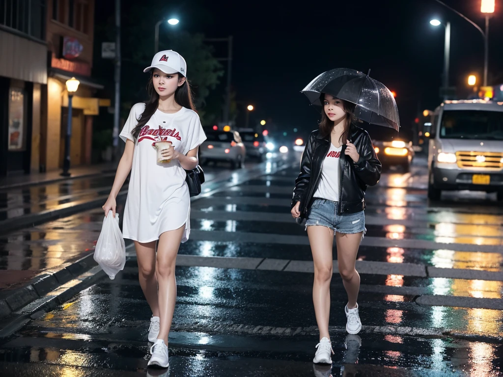 A girl，night，Walking on the street，With a baseball cap，In the Rain，With an umbrella
