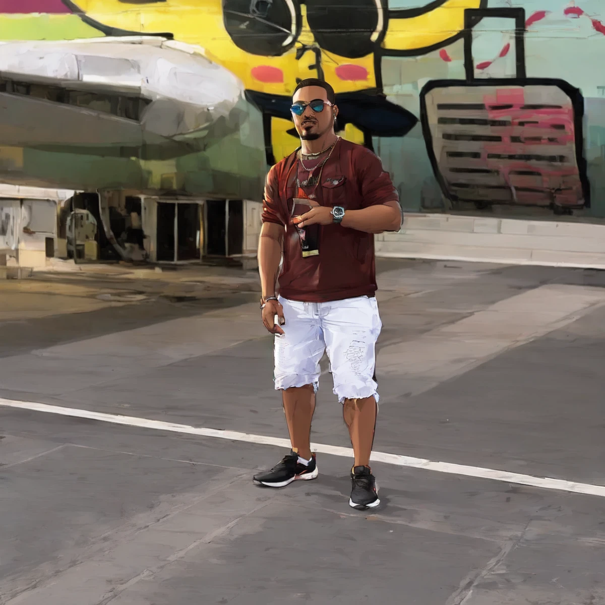 1 men ,Arte gta style ,(Young men:1.5),illustration, digitl art, (gta style:1.5),GTA art style, GTA art bright colors, (cartoon style:1.2),(hyperdetail:1.15), glamorous style, best qualityer, Holistic, high détail, serious,against a large night metropolis, ((Neon lighting)), ((cyber punk)),smooth light,satirical,ass exaggerated,pop art style,swirly vibrant colors,iconic characters,full of action,((The background is a red orange city:1)),floor, Coqueirosbarco