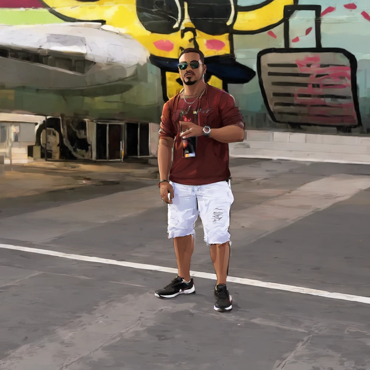 1 men ,Arte gta style ,(Young men:1.5),illustration, digitl art, (gta style:1.5),GTA art style, GTA art bright colors, (cartoon style:1.2),(hyperdetail:1.15), glamorous style, best qualityer, Holistic, high détail, serious,against a large night metropolis, ((Neon lighting)), ((cyber punk)),smooth light,satirical,ass exaggerated,pop art style,swirly vibrant colors,iconic characters,full of action,((The background is a red orange city:1)),floor, Coqueirosbarco