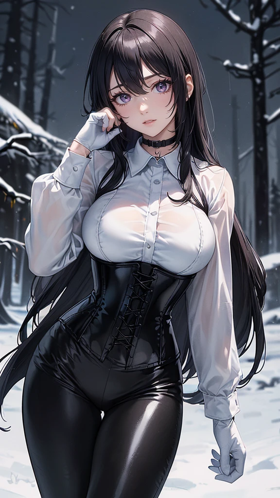 Masterpiece, Best Quality, (perfect ???????,realist:1.3, view from front,  facial focus,(without looking at the viewer:1.2),  (1 girl in:1), 1 woman, (big breasts:1.2), sexy body, thin waist, Attractive front curves, round and soft chest, disgusted face,  (black fur:1.6, long hair), evening, Heavy Rain, exterior, City, crop top, he wears transparent glasses, choker 1:6, (White long sleeve collar shirt:1.4), (corset　black leather), black gloves covering up to the elbow, (shiny black leggings), blood stains, snowy dark forest, snow, night sky, Atmosphere, perfect hands