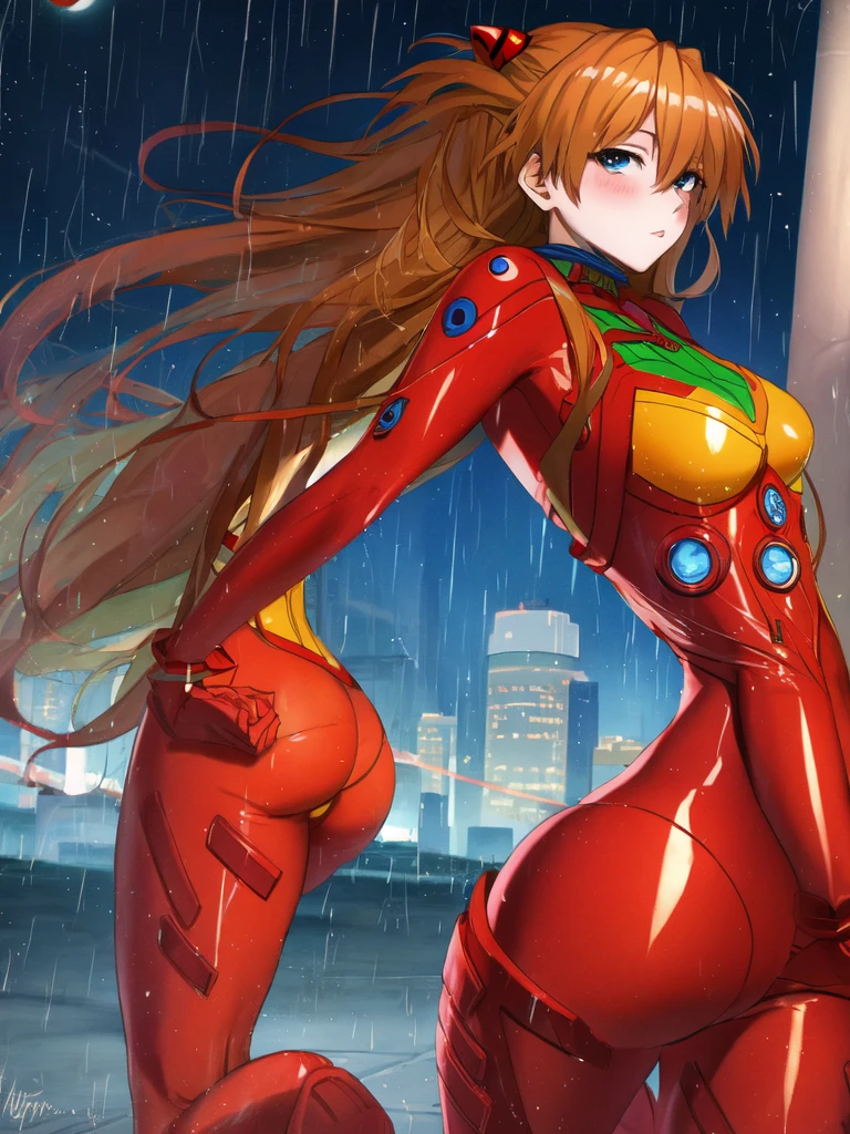 Asuka Langley ,masterpiece, Highest quality,,city,cyber punk,night,rain,moon, Huge Ass, Back Viewer, blush, Captivating look,