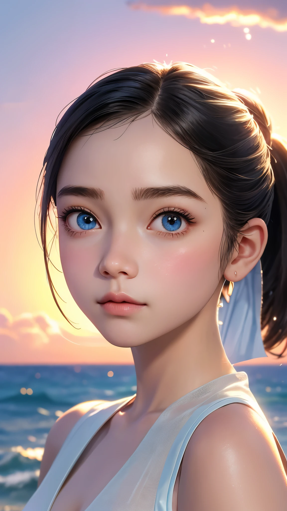 One Girl，(1人のとてもcute女の子:1.3)，masterpiece，Highest quality，High resolution，From below，Low - Angle，Photorealistic，RAW Photos，Ray Tracing，beautiful girl，(:1.3)，cute，Big eyes，(detailed pupils:1.2)，(The face is facing straight ahead:1.3)，Body facing forward，Beautiful nose，High nose，Upturned nose，Fuller lips，Short black hair，ponytail，short hair，Detailed eyelashes，Thin eyebrows，Very fine grain definition，(Symmetrical eyes:1.3)，(Face close-up，Face Focus:1.0)，Small breasts，Short neck，White swimsuit，White Bikini，The background is the sea，Southern Island，sunset，Sunset，Portrait，View Viewer，Upper Body，Cinema Lighting，High resolution，Very detailed
