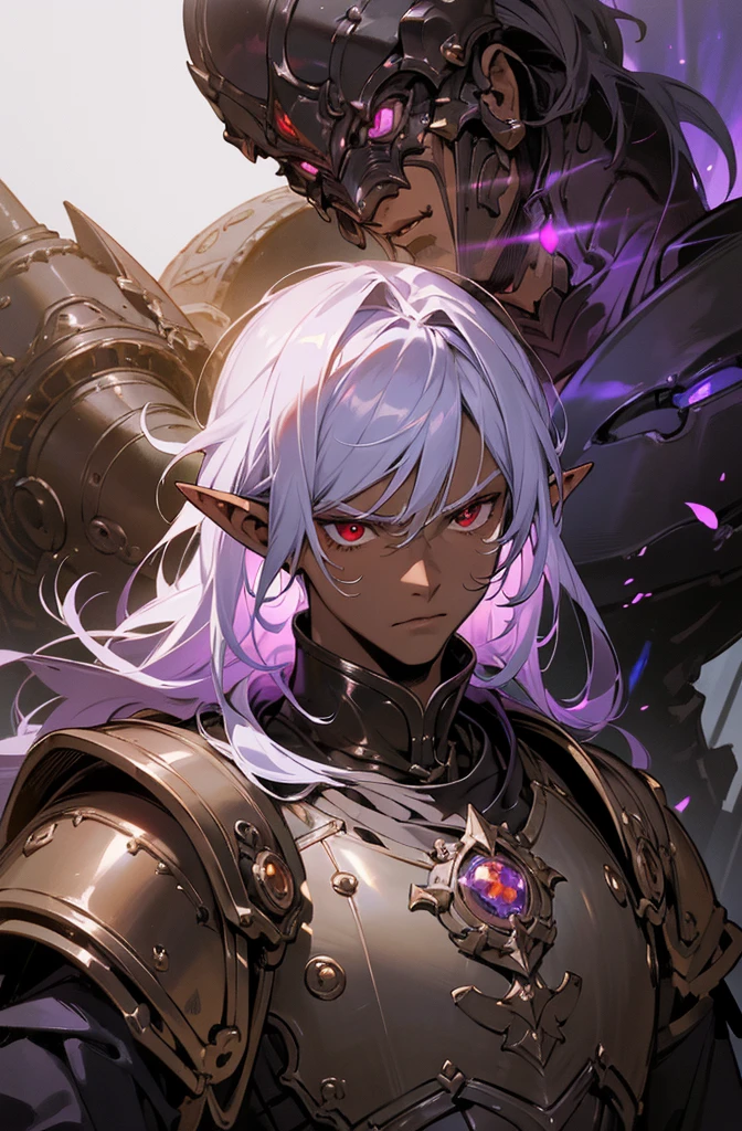 masterpiece, best quality, ultra high res, dark theme, 1boy, (dungeonpunk armor), (mechanical steampunk armor), (wearing armor), fantasy illustration, dark skinned, human, upper body, portrait, red eyes, long white hair, half-drow, pointy ears, serious face, young man, dramatic lighting, purple hue, art by Kinema Citrus