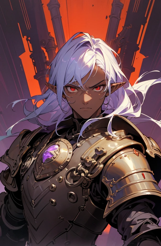 masterpiece, best quality, ultra high res, dark theme, 1boy, (dungeonpunk armor), (mechanical steampunk armor), (wearing armor), fantasy illustration, dark skinned, human, upper body, portrait, red eyes, long white hair, half-drow, pointy ears, serious face, young man, dramatic lighting, purple hue, art by Kinema Citrus