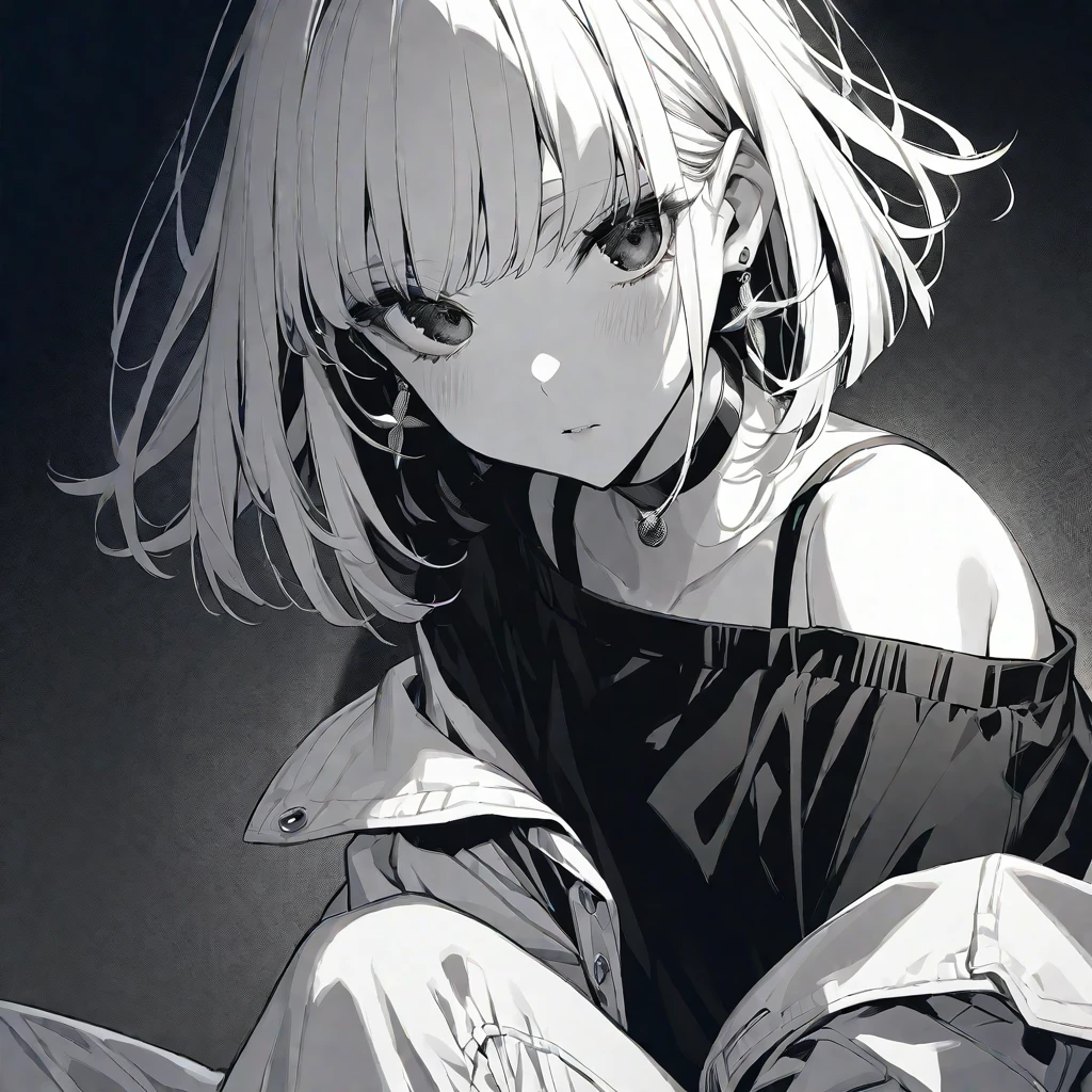 solo, handsome, monochrome,
1. Female,
Hime cut,Straight Hair,Bob Hair,
BLACKhair,
Nakano Yotsuba,
BLACK Eyes,Soft look,beautiful,beautiful,Sexy,Darkness,Lots of silver earrings,choker,
White Off Shoulder, White shirt, Short sleeve ,Distressed jeans,
skin,
BLACK background,