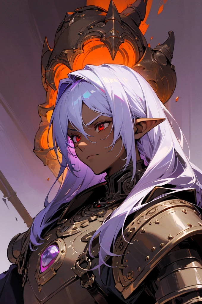masterpiece, best quality, ultra high res, dark theme, 1boy, (dungeonpunk armor), (mechanical steampunk armor), (wearing armor), fantasy illustration, dark skinned, human, upper body, portrait, red eyes, long white hair, half-drow, pointy ears, serious face, young man, dramatic lighting, purple hue, art by Kinema Citrus