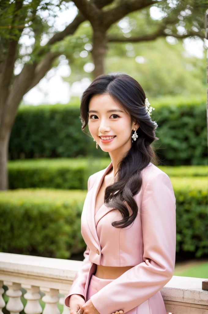 Wedding venue garden,President of import goods sales company,((full body)),((photo)),((best qualtiy, 8K, tmasterpiece:1.3)), Focus:1.2, perfect figure beautiful woman:1.4,1woman,cowboy shot,look at viewer,incredibly absurd, beautiful and cute woman with a photorealistic face, showcasing top-quality craftsmanship, A Japanese woman attending her sister's wedding at a wedding venue, 35 years old, long hair, straight black hair, shiny, silky hair that curls inwards, narrow double eyelids, long eyelashes, pronounced eyebrows, high nose, thin lips, white teeth, bright smile, smooth, honey-colored skin, thin neck, tall, glamorous, slender, F-cup breasts, pale pink suit, knee-length pencil skirt, high heels, diamond earrings and necklace, luxury brand watch, clutch bag, cigar, beautiful, lady-like, pretty older sister, celebrity-like, adult woman, intelligent, calm, kind, playful, sharp-tongued, soothing to those around, refined, elegant, June