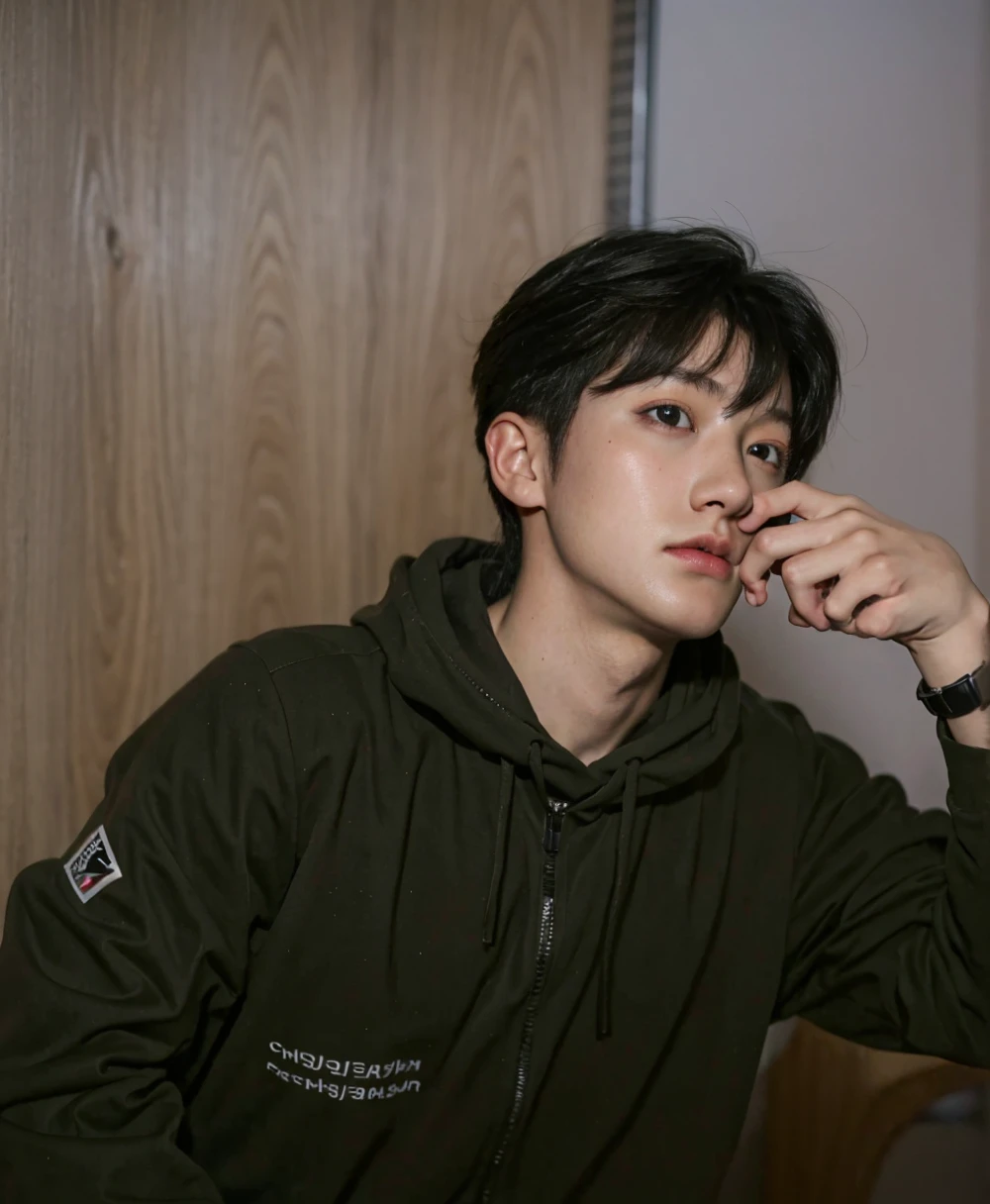 Wan cute Korean face, Jimin's Greek nose, Sung Yeon-joon, male Urzan, glowing red eyes, Kim Tae-joon, Choi Seo-kun, eyes full of helplessness, several red scars, (8k, RAW photo, best quality, mastery:1), (realistic, photo-realistic:1), ultra-detailed, (high detailed skin:1), 8k uhd, DSLR, soft light, thin, high quality, film grain, male idol.