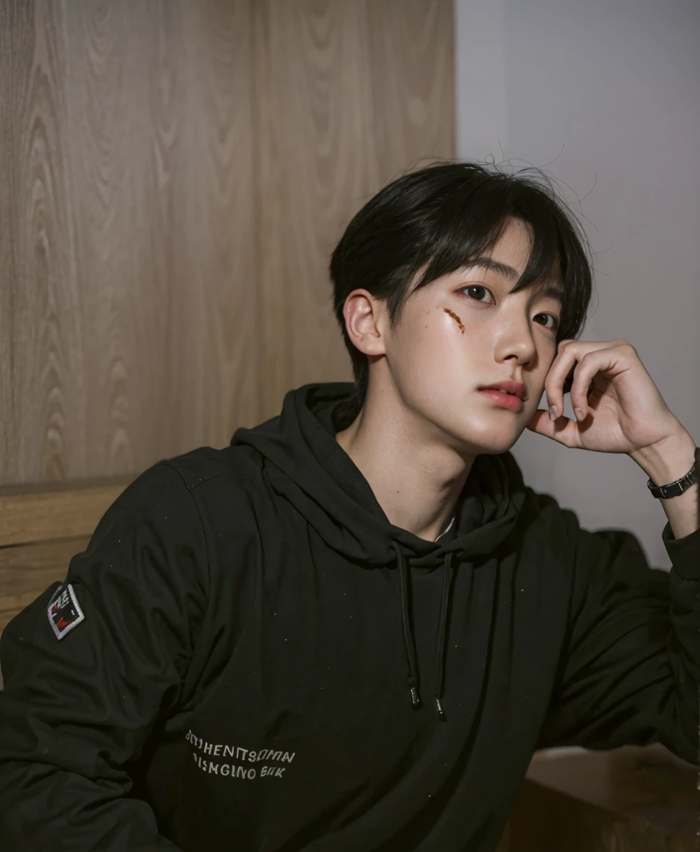 Wan cute Korean face, Jimin's Greek nose, Sung Yeon-joon, male Urzan, glowing red eyes, Kim Tae-joon, Choi Seo-kun, eyes full of helplessness, several red scars, (8k, RAW photo, best quality, mastery:1), (realistic, photo-realistic:1), ultra-detailed, (high detailed skin:1), 8k uhd, DSLR, soft light, thin, high quality, film grain, male idol.